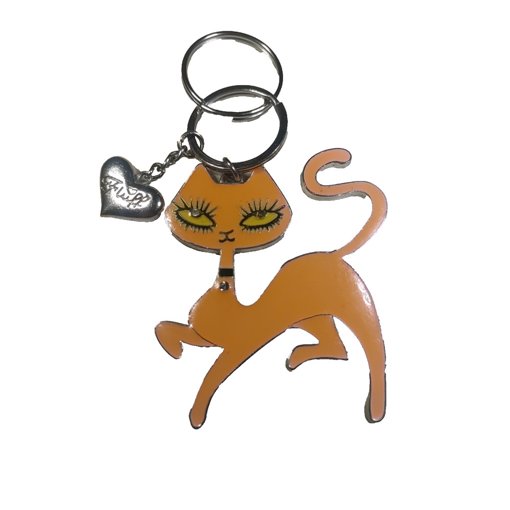 Fluff Kitty Cat Keychain Orange Silver Tone Heart Charm - Picture 2 of 6